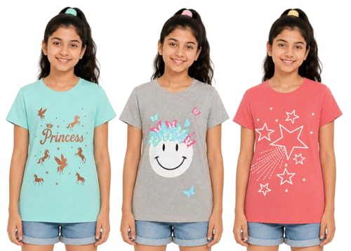 Image of Clotth Theory Girls Super Combed Cotton Regular Fit Round Neck Printed Short Sleeve Tshirt -Combo Pack of 3