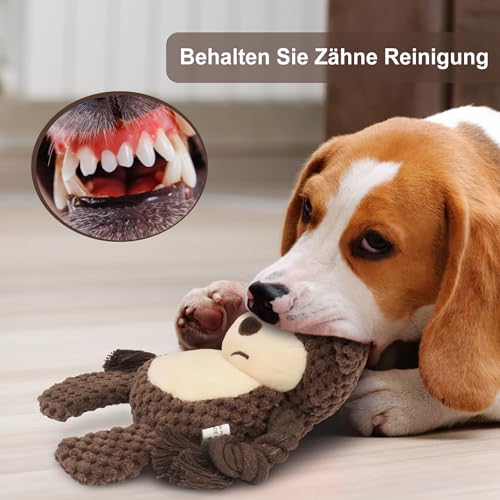 TONYFY Hundespielzeug, Hund Quietschspielzeug mit Knitterpapier, Plüschtier Hund Plüsch Kauspielzeug, Baumwollseil interaktives Spielzeug für Welpen, kleine, mittlere Hunde (Brauner AFFE)
