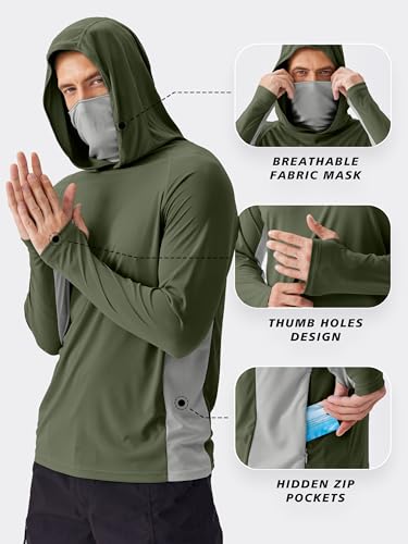 Image of PINSPARK Men's Sun Protection Hoodie with Mask UPF 50+ UV Long Sleeve Shirt Men Rash Guard Performance Fishing Hiking Shirt