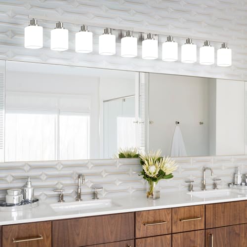 Image of 10-Light Bathroom Vanity Light Brushed Nickel,64.5in Vanity Lights with Square Frosted Glass,Modern Bathroom Wall Lights Fixtures Over Mirror,Wall Sconces Lighting for Bedroom Living Room,E26