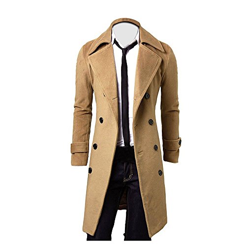 Winter Men Slim Tops Stylish Trench Coat Double Breasted Long Jacket Parka Khaki