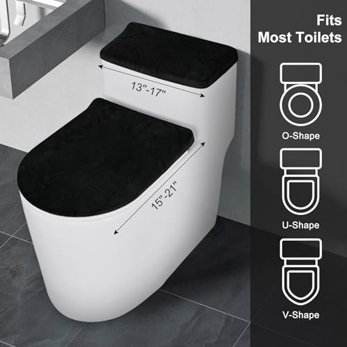 timecity Toilet Lid Cover Toilet Tank Cover Stretch Velvet Bathroom Toilet Lid Seat Cover Set Washable Soft Toilet Protector Cover,Fits Most Toilet Tanks & Lid, Black
