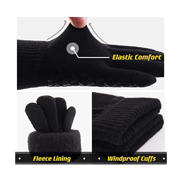 Men Women Unisex Knitted Gloves Anti-Slip Touchscreen Thermal Winter Fleece Lining Outdoor Windproof Running Sports Gloves Black XL - Image 3