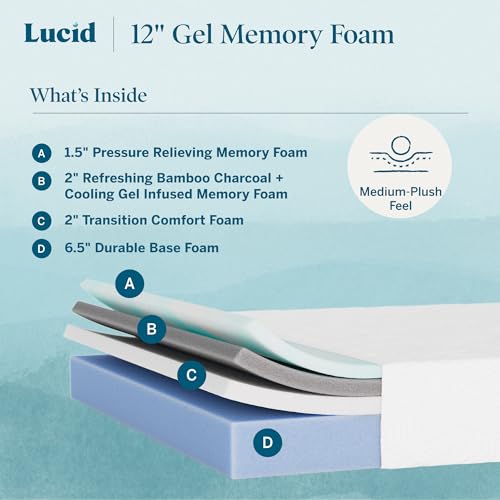Image of Lucid 12 inch Plush Gel Memory Foam Mattress - Bamboo Charcoal & Cooling Gel - Fiberglass Free - Bed in a Box - CertiPUR-US Certified - King Size