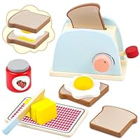 Airlab Wooden Pop-Up Toaster Toy Play Set for Kids, 10 Pcs Wooden Play Food and Kitchen Accessories with Wooden Bread and Butter, Interactive Preschool Educational Role Play Toys for Girls and Boys