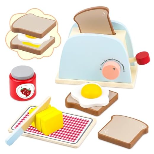 Airlab Tostadora de Madera Pop-up, 10 Piezas de Accesorios de Cocina con Pan y Mantequilla, Juguetes de Comida para Niños y Niñas, Preescolar Educativo Juego de rol Regalo para 2 3 4 5 Años