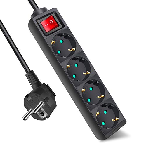 EXTRASTAR 4-Fach Steckdosenleiste mit Schalter und Kindersicherung, 5M Kabel,16A, 3680W, Mehrfachstecker für Zuhause, Büro und so weiter,Schwarz