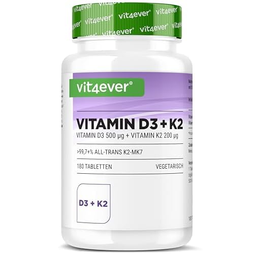 Vitamin D3 20.000 I.E + Vitamin K2 200 mcg Menaquinon MK7 Depot - 180 Tabletten - 99,7+% All-Trans - Laborgeprüft - Vegetarisch - Hochdosiert - Premium Qualität