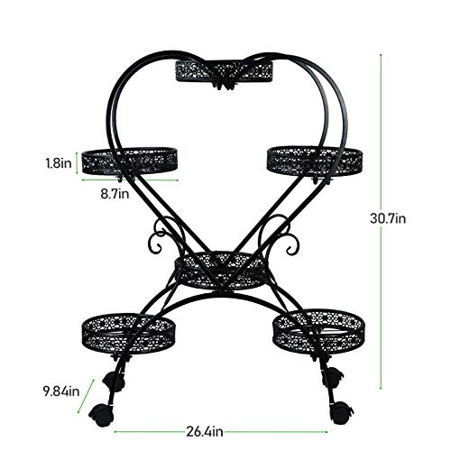 Trycooling Metal Planter Stand Flower Rack With Wheels 4 Tier Heart Shaped Potted Holders Indoor Tall Planter Display Shelf Rolling Flower Pot Holder For Patio Garden Living Room (Black) #TOP4
