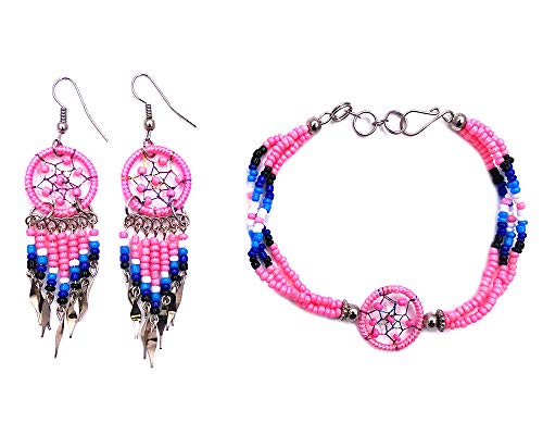 Handmade Native American Style Tribal Dream Catcher Seed Bead Multi Strand Bracelet Dream Catcher Long Beaded Dangle Earrings Jewelry Set (Pink)