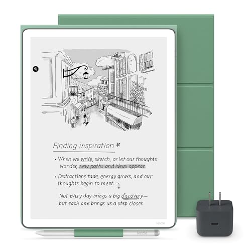 Image of Amazon Kindle Scribe Essentials Bundle - Amazon Kindle Scribe (64GB) , Premium Pen, Plant-Based Leather Folio Cover-Matcha & Power Adapter