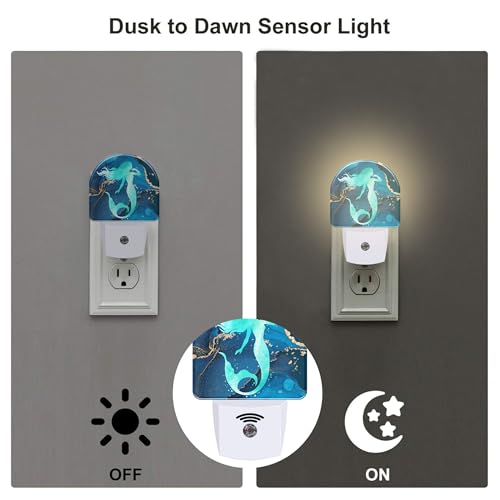 Image of Watercolor Turquoise Mermaid Night Light for Kids,Navy Blue Golden Marble Night Light Plug in with Dusk to Dawn Sensor,0.5w Energy Saving Nightlight for Hallway Stairway Kitchen Bedroom