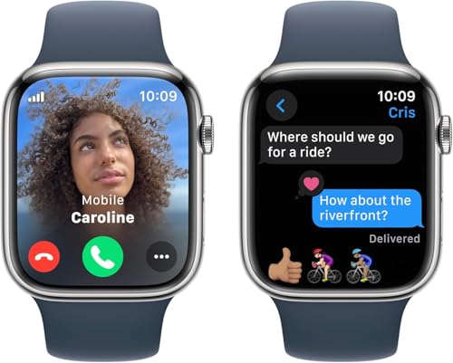 Image of Apple Watch Series 9 [GPS + Cellular 45mm] Smartwatch with Silver Stainless Steel Case with Storm Blue Sport Band S /M. Fitness Tracker, ECG Apps, Always-On Retina Display