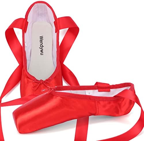 WENDYWU Professional Ballet Pointe Shoe for Kids Girl and Ladies Pink PU Soled Ballet Pointe Dance Shoes with Toe Pads (Red,8)