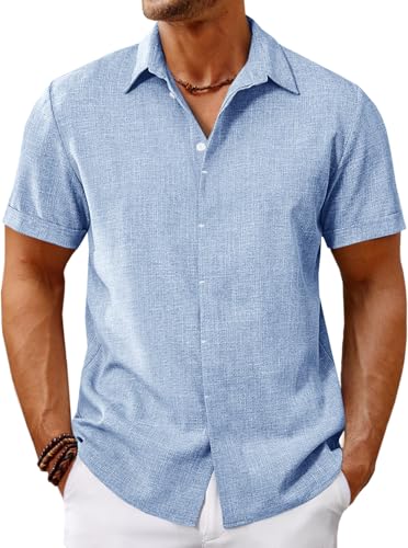 Runcati Mens Short Sleeve Linen Shirts Button Down Casual Texture Summer Beach Wedding Tops