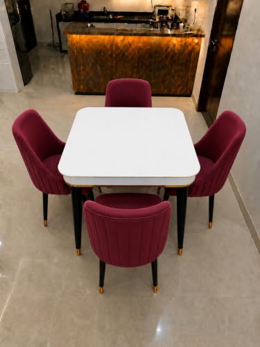 Image of WOODEN SPACE 4 Seater Wooden Dining Table Set | Urban Marble Top Dining Table with Chairs for Dining Room & Kitchen (Modern Infinity Backline Maroon) (42 x 42 x 30 inch)