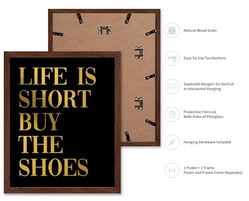 Image of Poster Master Life is Short Buy The Shoes Poster - Fashion Print - Positive Quote Art - Trendy Art - Gift for Women & Fashionista - Funny Wall Decor for Bedroom or Girls Room, 8x10 Brown Framed