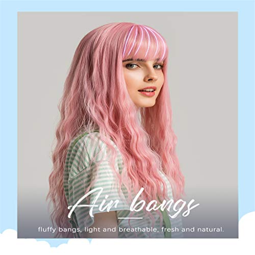 Flameer Moda Charme Longo Ondulado Encaracolado Mulheres Perucas Traje Peruca W/Franja Plana - Rosa