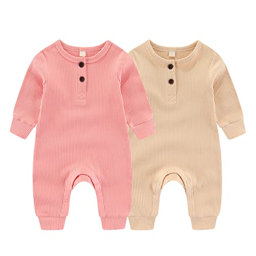 Image of ZAV Solid Unisex Baby Boy Girl Rompers 2 Pack Long Sleeve Jumpsuits Infants Clothes Outfits