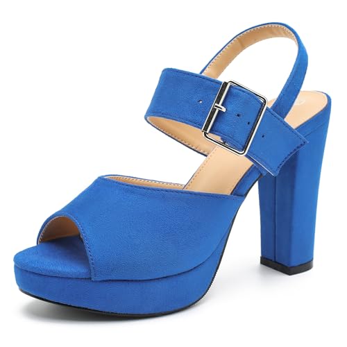 Enelauge Women's Platform Chunky High Heeled Sandals Peep Toe Ankle Strap Buckle Block Heels Dress Bride Wedding Party Evening Shoes