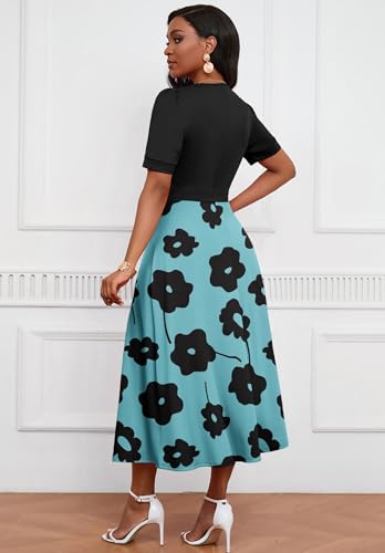 Image of MarryUP Women's Midi Dresses - V Neck Cocktail & Church Tea Dresses - Short Sleeve A-Line Swing Dress