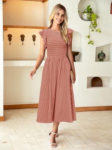 Image of Simplee Womens Striped Midi Summer Dress Linen Smocked Flutter Short Sleeve Dress Flowy Casual Dress with Pockets