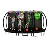 Trampoline Accessories Kit, Basketball Hoop with Glow-in-The-Dark Net/50FT Solar Lights/Dart Board, Fits 8 10 12 14 15 16FT Trampoline Outdoor, Non-Damaging to Net, Features 8 Light Modes
