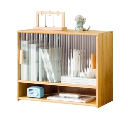 Estantería de escritorio de bambú con puertas corredizas de vidrio, estante multifuncional para escritorio de oficina para almacenamiento de artículos de papelería