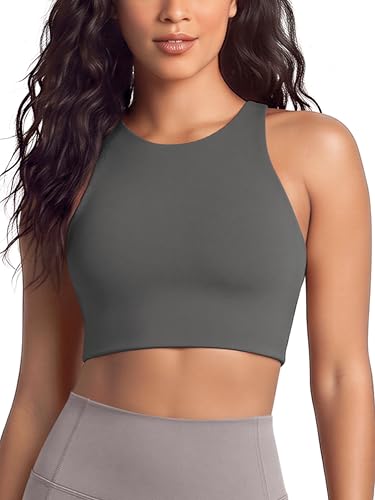 Image of ODODOS Racerback Tank Bra for Women High Neck Non Padded Medium Support Sports Bra Workout Yoga Crop Tops