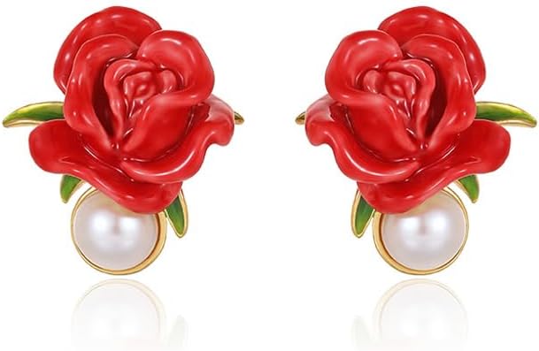 Red Rose Flower And Pearl Enamel Stud Earrings Jewelry Gift Juicy Grape