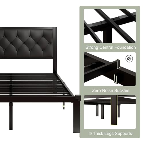 Image of Feonase Queen Size Metal Bed Frame with Faux Leather Button Tufted Headboard, Heavy-Duty Platform Bed Frame with 12 inch Storage, Steel Slats Support, No Box Spring Needed, Noise Free, Matte Black