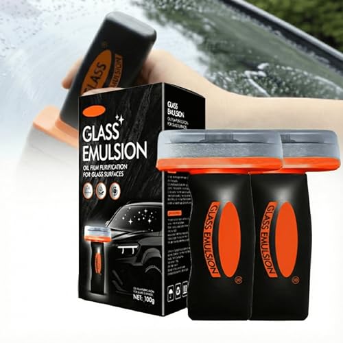 2Pcs Car Glass Cleaner and Car Window Cleaner Kit with Handheld Brush Windscreen Oil Film and Traffic Film Remover Glass Emulsion Cleaner for Mirrors 100g x 2