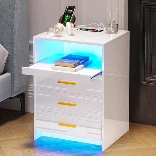 Lvifur Mesita de noche LED con 3 cajones, brillante con carga USB/tipo C, mesilla de noche con luz LED y estación de carga inalámbrica, 40 x 45 x 60 cm