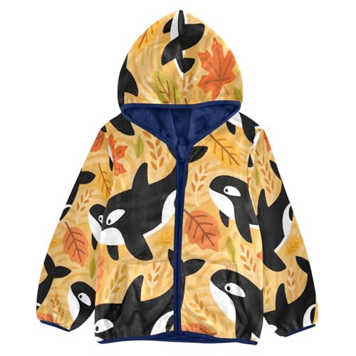 Whales and Leaves on Yellow Toddler Fleece Jacket Girl Boys Hooded Fleece Jacket Coat Warm Outwear Zip-up 3-10T