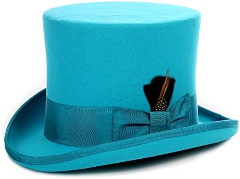 Ferrecci 100% Wool Top Hat Satin Lined with Grosgrain Ribbon and Removable Feather Turquoise Tall Tophat - Unisex, Men, Women