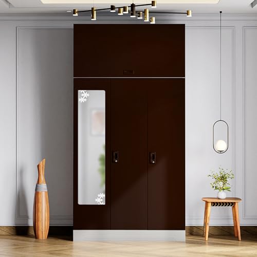 Image of Interio by Godrej Almirah Slimline 3-Door Steel Almirah, Cupboard for Clothes (Royal Ivory and Russet), 1-Year Warranty, 7 Shelves, with Over Head Unit, 1 Locker, Star Design Mirror