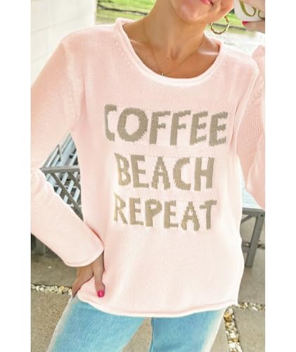 Image of Women's Beach Cover Up Sweaters Letter Print Graphic Long Sleeve Crochet Crew Neck Knit Sweater Summer Tops