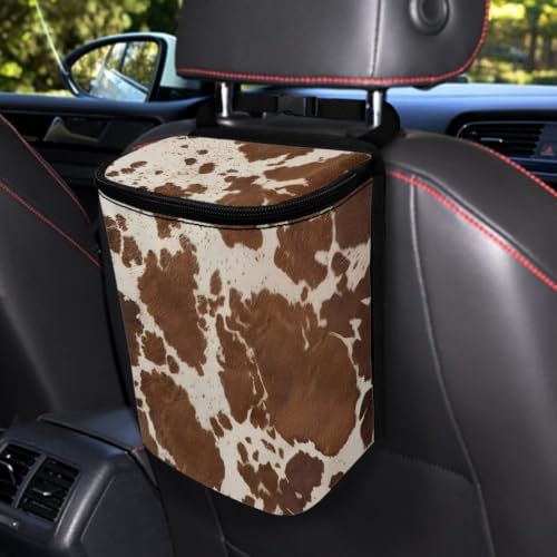Image of Brown Cow Print Car Garbage Can with Adjustable Straps Car Hanging Trash Can with Lid Multipurpose Portable Trash Bag for Cars SUVs, Trucks