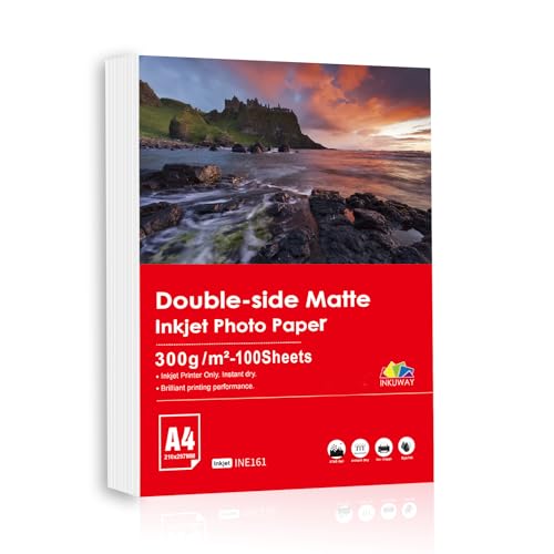 INKUWAY A4 300gsm Mat Double Face Sided épais Papier Photo jet d'encre 100 feuilles imprimable pour menu, calendrier