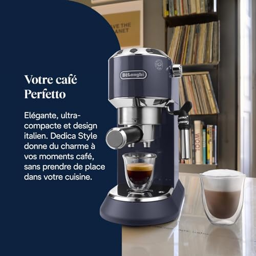 De’Longhi Dedica Style - Perfetto Machine à Expresso Compacte, Mousseur de Lait Manuel pour Expresso et Cappuccino, Compatible Dosettes ESE, Panneau de Commande à Boutons,Largeur 15cm,Bleue(EC685.BL) - Image 3
