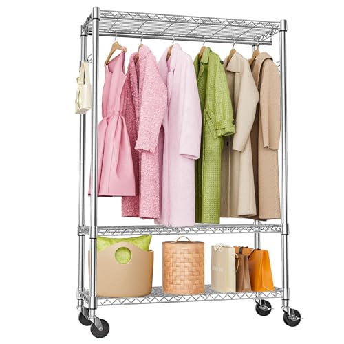 Heavy Duty Rolling Garment Rack with Shelves and Hooks