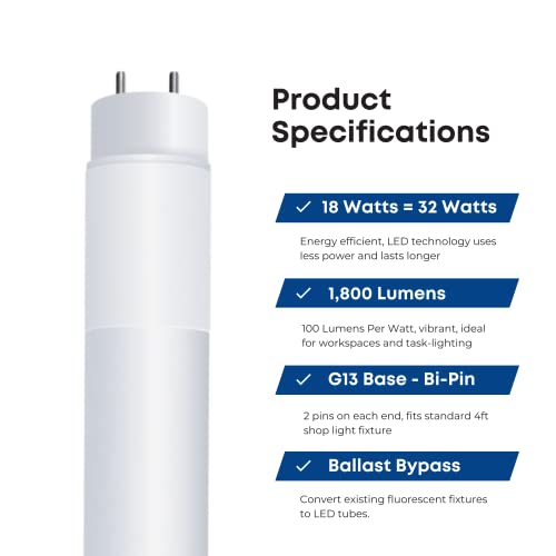 Feit Electric T848/850/B/Led/2/5 4Ft T8 Led Tube Light, Type B Ballast Bypass, Ballast Removal Required, 18W=32W, 5000K Daylight, Double-End Powered, F32T8 Fluorescent Tube Replacement, Ul, Pack Of 10 #TOP1
