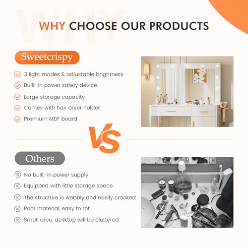 Image of Sweetcrispy 35 inch Large Vanity Desk with 11 LED Bulbs Mirror & Power Outlet