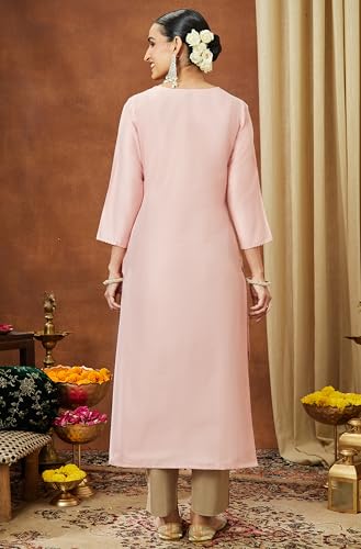 Image of Janasya Women's Light Pink Chanderi Silk Yoke Embroidered Straight Kurta
