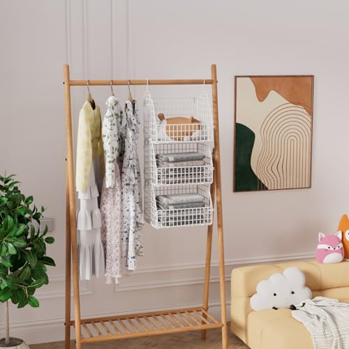 Image of PUPPYCUTE Hanging Closet Organizer and Storage, Clothes Hanging Shelves Wire Baskets for Clothing Sweaters Purse Handbags Shoes White 3 Tier