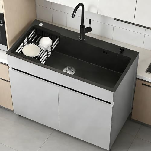 Fregadero de Acero Inoxidable de 68cm con Gabinete Integrado, Tarja Individual con Grifo de Agua Fría/Caliente y Kit de Drenaje Completo, Mueble de Lavadero Multiusos para Exterior, Garaje o Jardín