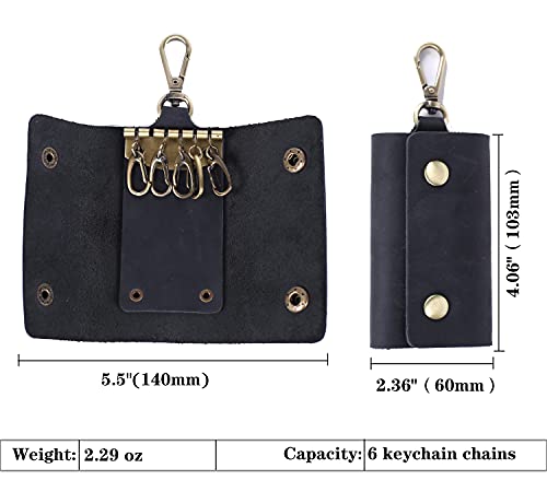 Pahvrion Mens Genuine Leather Key Case, Car Multi-Function Key Case With 6 Hooks & 1 Key Fob Holder (Black) #TOP1