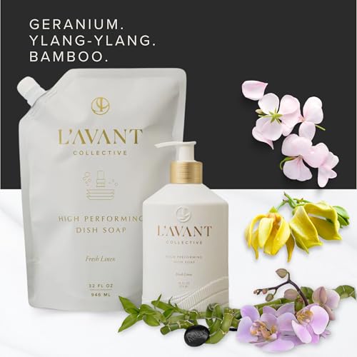 L'AVANT Collective The Ultimate Dish Wash Duo, Natural Luxury Dish Soap 16 Fl Oz with Refillable Glass Pump Bottle & 2 Loofah Dish Sponges for Pots, Pans, Dishes and Kitchen Cleaning, Fresh Linen - Image 4