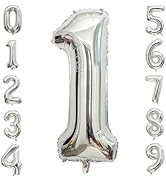 PatiCool Silver Number 1 Balloon,40 Inch Large Number Foil Mylar Balloons for 1st Girl Boy Birthd...
