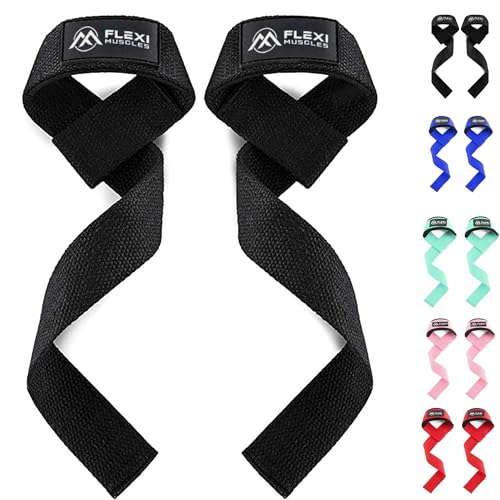 Flexi Muscles Lifting Straps - Maximum Support Weightlifting Wrist Straps for Deadlifts Pull-Ups & Heavy Lifting - Padded Neoprene & Cotton for Comfort for. Ideal for Men & Women